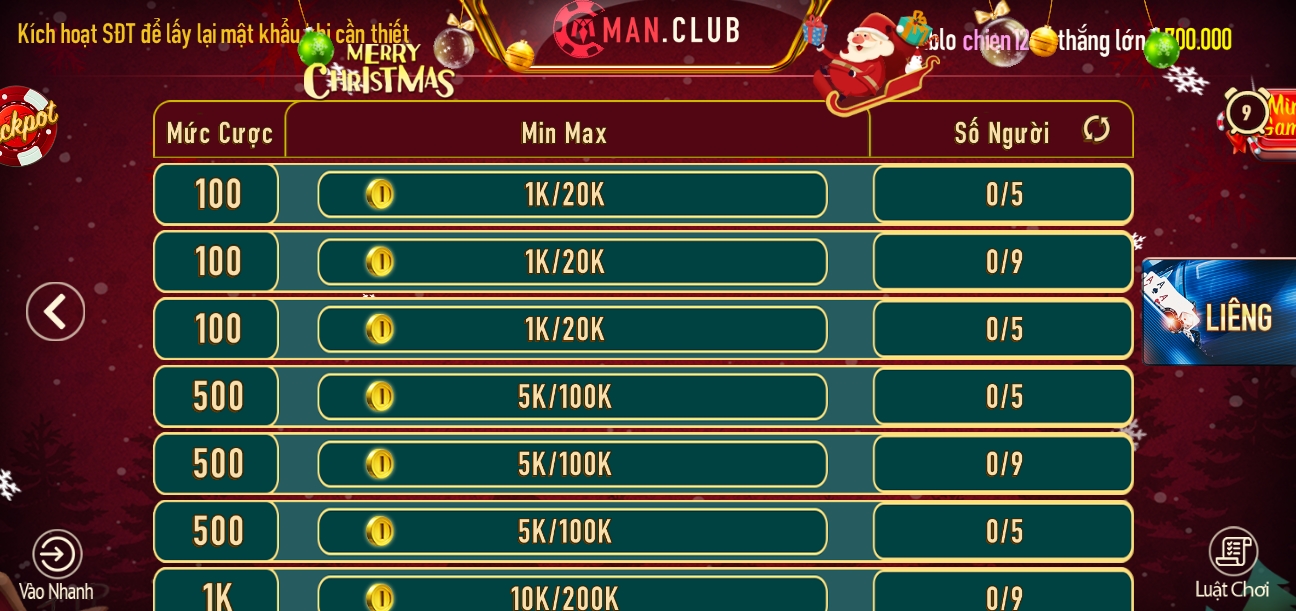 Play Manclub có nhiều bàn chơi Liêng với mức cược tùy chọn