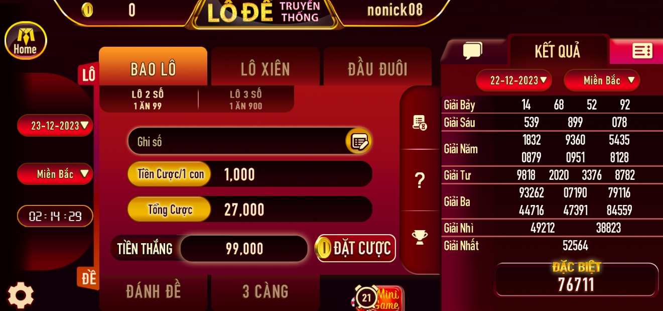 Giao diện cược lô đề truyền thống ở Manclub app