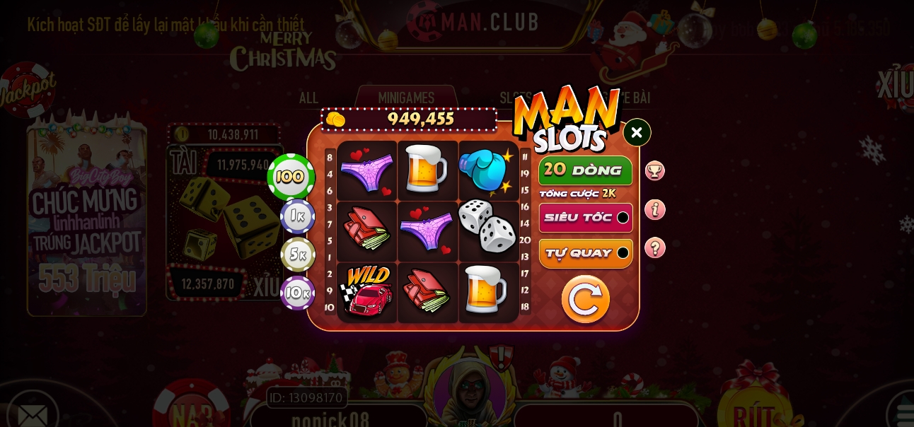 Thao tác chơi mini game Man slots tại game Manclub