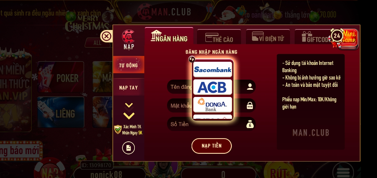 Play Manclub cần nạp tiền vào tài khoản game