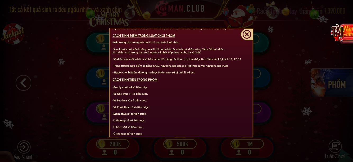 Quy định tiền thưởng khi đánh phỏm ở Manclub live