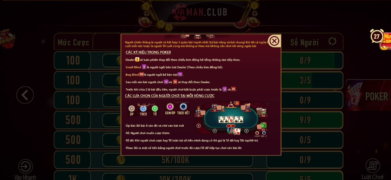 Cách chơi bài Poker khi tải Manclub