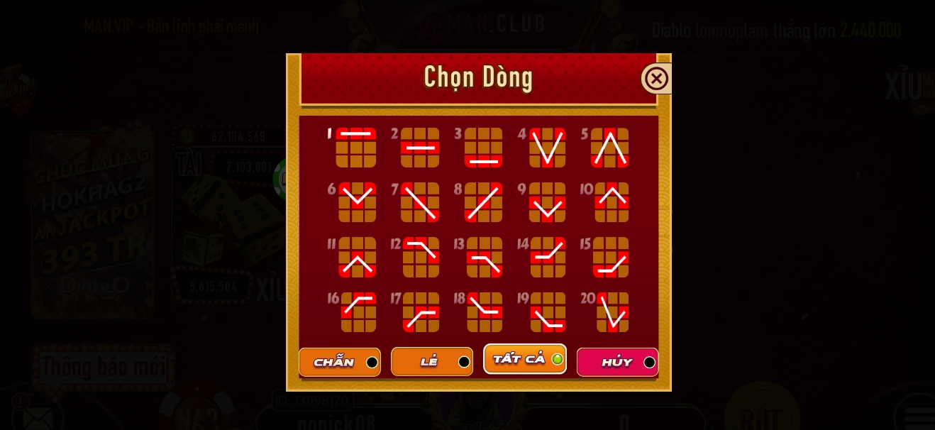 Man slots có 20 dòng chiến thắng ở game man club