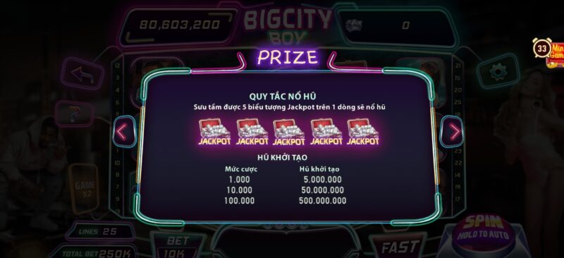 giải thưởng jackpot cực chất của game Manclub Bigcity boy