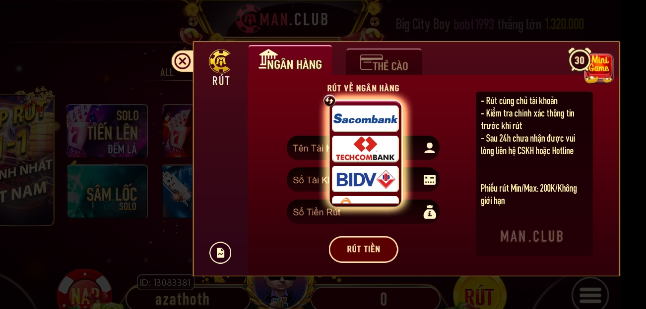 Hướng dẫn tân thủ tải Manclub cách nạp và rút tiền 