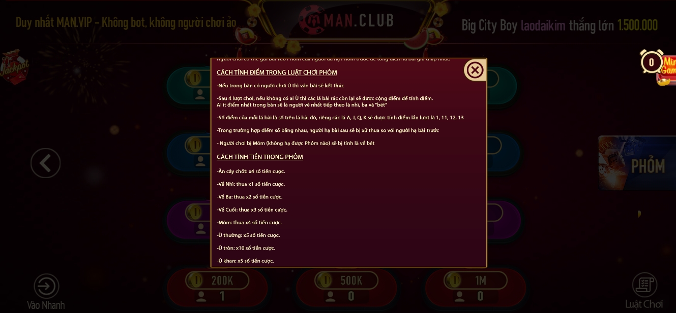 Trả thưởng cho game bài phỏm tại play Manclub